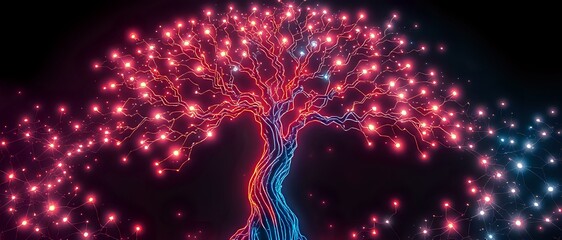 Glowing Cybernetic Tree of Life Stock Photo - Neon Blue Leaves, Red Trunk