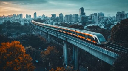Obraz premium Elevated Train above City Skyline at Dusk