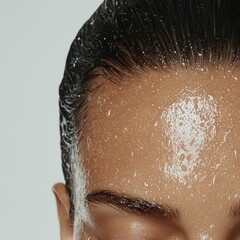 Close-up of wet hair with water droplets, sleek texture, modern editorial style, photography for social media faceless digital content marketing