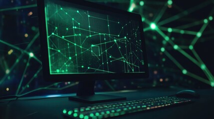 A glowing network grid and simple monitor icon illuminate a workspace, highlighting themes of digital support and connectivity in technology. Generative AI