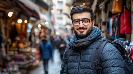 Obraz premium Portrait Of A Smiling Man Wearing Glasses And A Scarf, Standing In A Busy Street Market