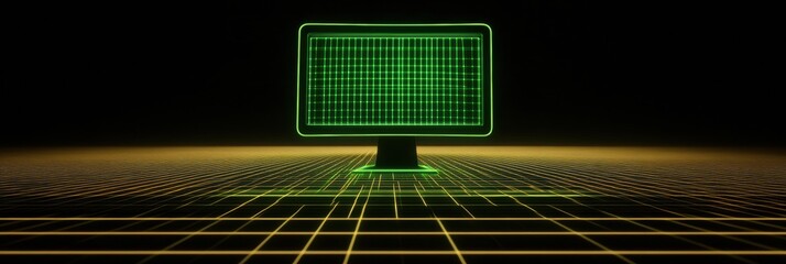 A glowing network grid and monitor icon in green text illustrate the concept of digital connectivity and technological support in a dark setting. Generative AI