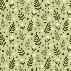 Vector olive leaves seamless pattern with polka dots in a minimalist style. Green shades of elements on light green olive background. The simple design for modern nature-inspired concepts