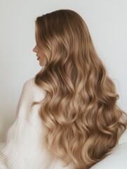 Naklejka premium Side profile of long wavy blonde hair, natural tones, relaxed editorial style, photography for social media faceless digital content marketing