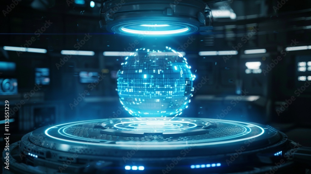 Poster futuristic holographic globe displayed in a high tech laboratory setting