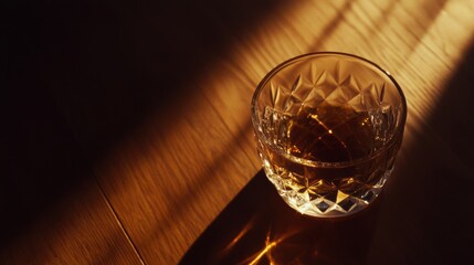 Elegant close-up of premium añejo tequila in sleek crystal glassware, warm golden tones with subtle gradients and reflections, beautifully placed on a dark walnut surface.