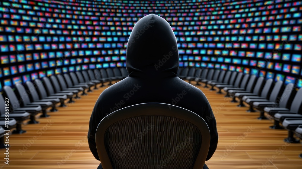 Aufkleber hacker engaged in data surveillance tech lab digital art enclosed space rear view cybersecurity awar