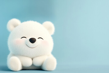 A cute, fluffy polar bear character sits happily against a soft blue background, radiating a cheerful and playful vibe.