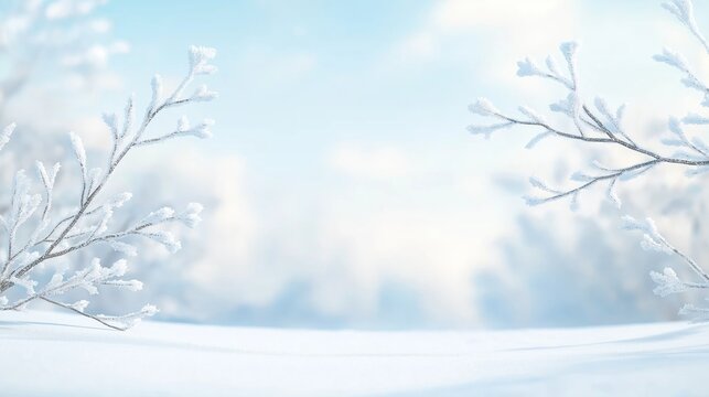 Winter landscape. Frosty branches on snowy ground. Soft light. Peaceful scene. Winter wonderland. Ice crystals. Beautiful nature. Winter season. Cold weather. Frozen trees. Nature beauty. Outdoor