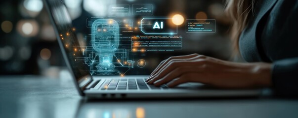 Person uses laptop. AI concept. Prompt engineering work support. Virtual assistant. Modern digital tech. Work environment. Deep learning. Generative AI. Future work style. Innovative technology.