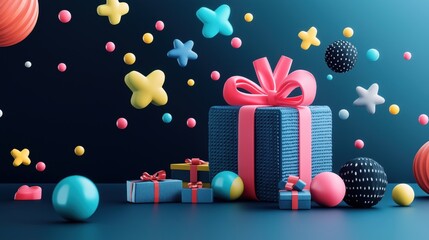 Colorful gift boxes with floating geometric shapes on dark background celebratory festive scene with playful spheres and decorative elements