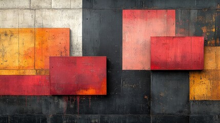 Abstract painted wall, geometric shapes, red, orange, black.