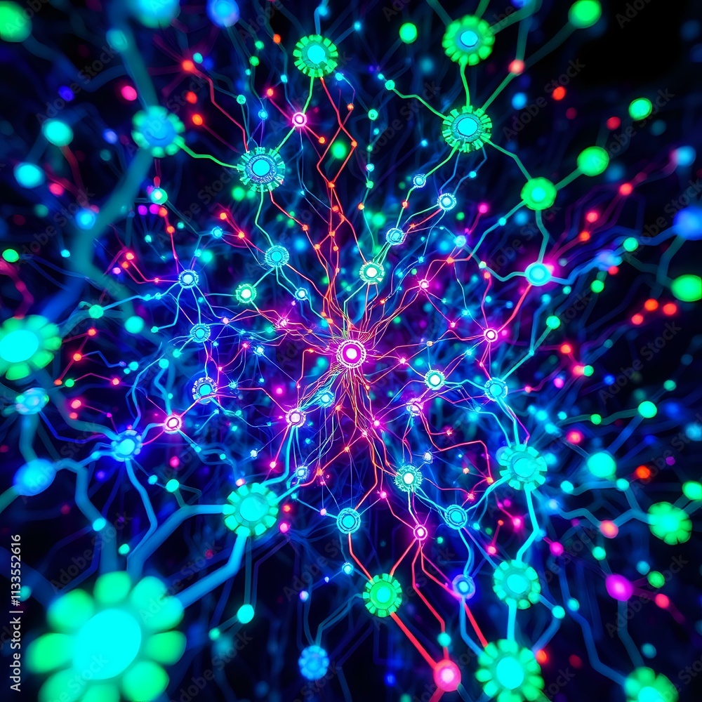 Poster glowing circuit board forest - intricate node connection data visualization