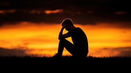 Contemplative youth sunset horizon emotional reflection natural setting silhouette perspective mental health awareness