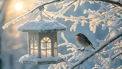  A small bird sits on a frosty branch, watching the snow fall. The bird feeder hangs nearby, offering a potential source of food.