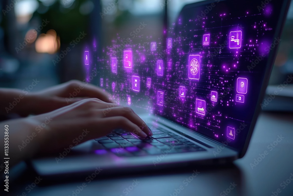 Poster person types on laptop computer. many glowing tech icons appear on screen. ai integration in busines