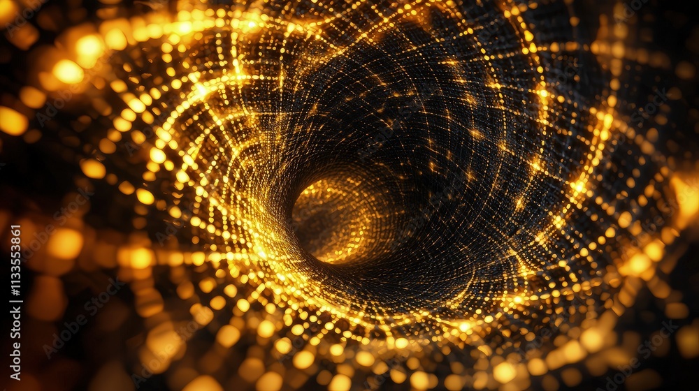 Aufkleber golden abstract vortex tunnel with glowing particles.
