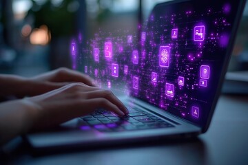 Person types on laptop computer. Many glowing tech icons appear on screen. AI integration in business. Modern office background. Blurry interior. Person working late. Tech use. Business concept.