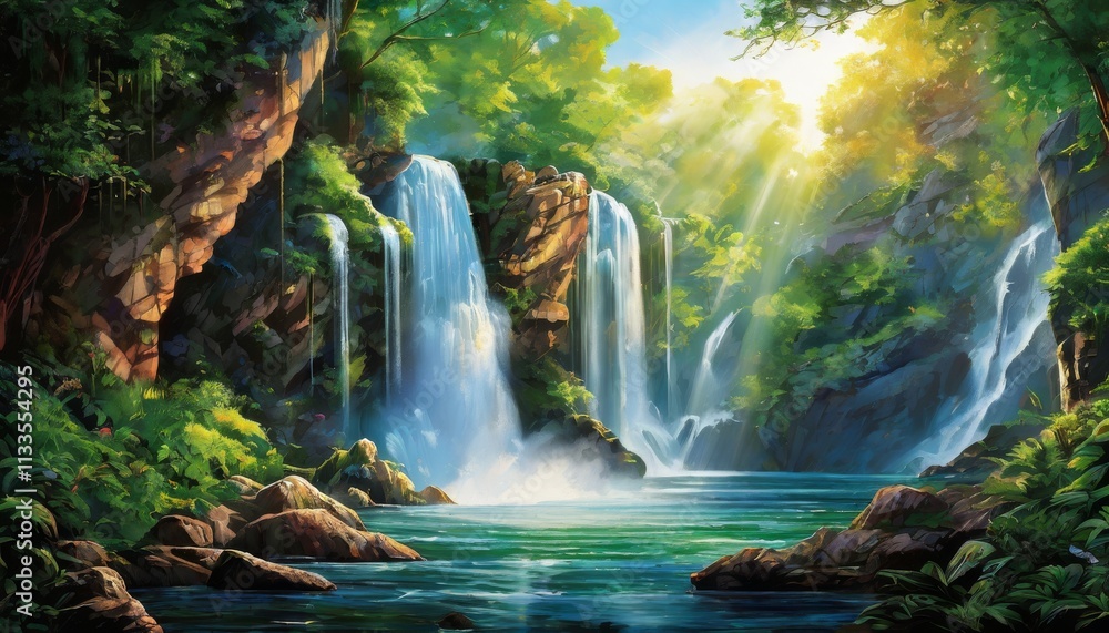 Poster a peaceful scene of a waterfall cascading into a tranquil pool surrounded by lush greenery. the sunl