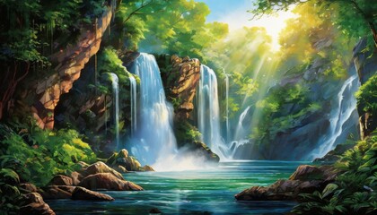 A peaceful scene of a waterfall cascading into a tranquil pool surrounded by lush greenery. The sunlight filtering through the trees enhances the calm and idyllic atmosphere of this tropical paradise