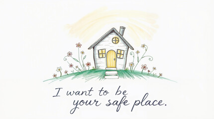 Fototapeta premium A charming house with a heart-shaped window, surrounded by flowers and glowing in the warm light of sunset. The text 
