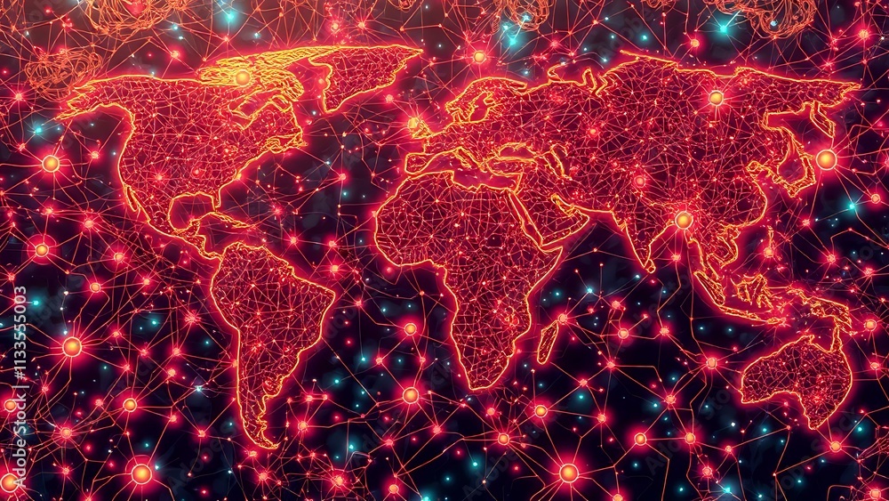 Poster dynamic cybernetic traffic global map in art nouveau style