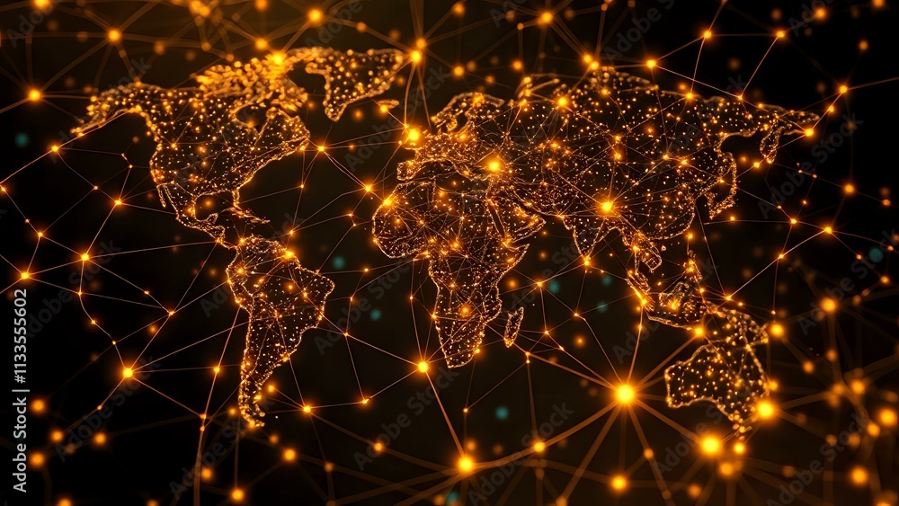 Poster glowing global network: quantum internet traffic patterns