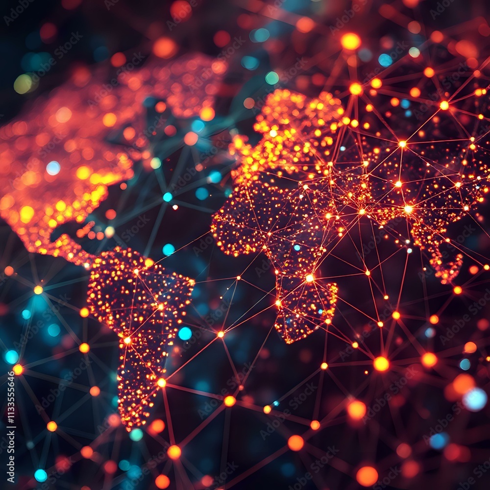 Poster glowing global internet traffic visualization - abstract map with climate change impact