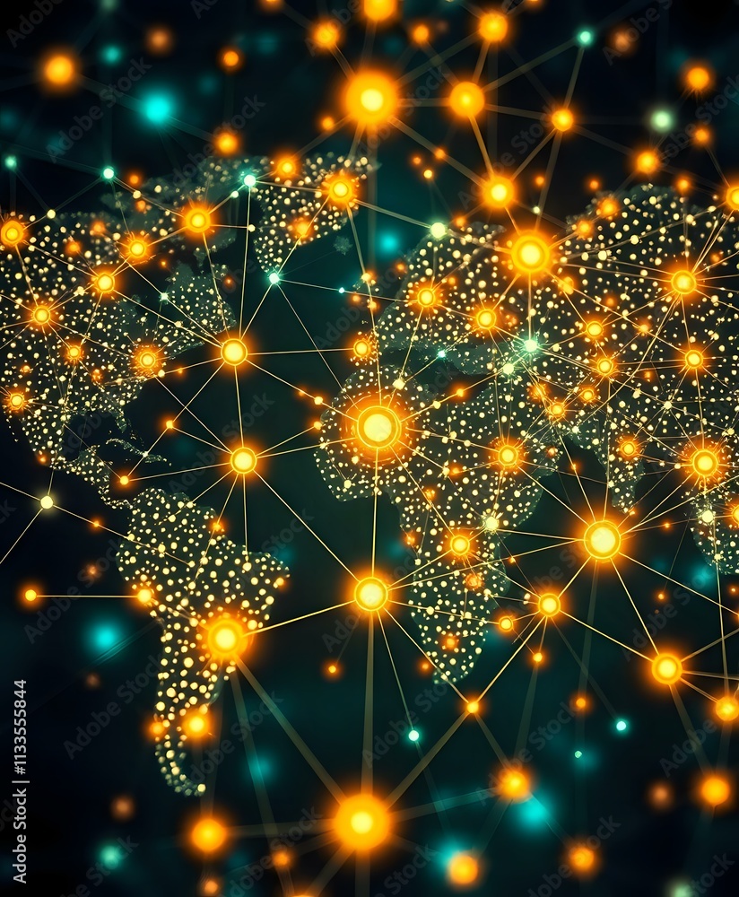 Poster globe connected: quantum internet traffic patterns in vibrant art nouveau style
