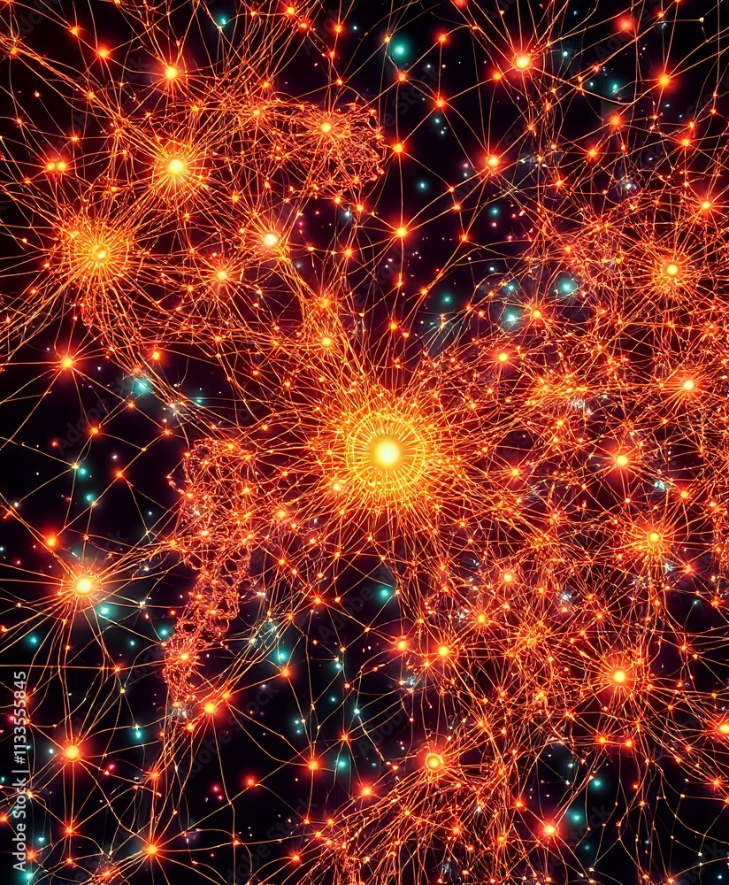 Poster abstract data visualization - interconnected nodes glowing orange on black background