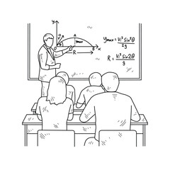 Simple sketch drawing of a  teacher is teaching his students physics lessons in a class at school. Education themes in simple sketch concept design vector and good for presentation education purpose.