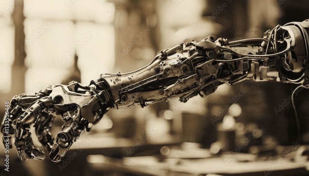 Poster a detailed close-up of a mechanical robotic arm set against a workshop background, presented in sepi