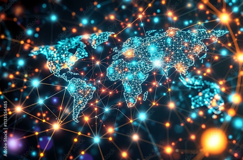 Poster glowing cybernetic art nouveau world map with quantum internet traffic patterns