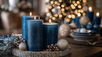 Royal blue candles with Christmas decoration