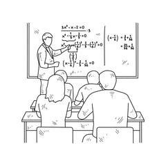 Simple sketch drawing of a  teacher is teaching his students mathematics lessons in a class at school. Education themes in simple sketch concept design vector and good for presentation purpose.