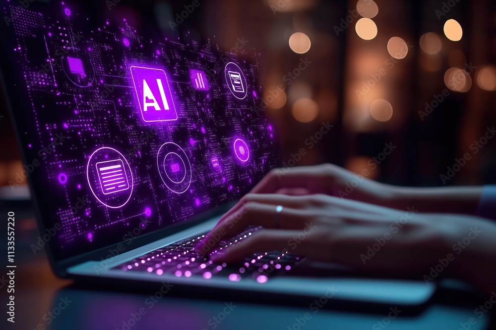 Poster person types on laptop with ai tech interface. modern business tech integration. blurred office back
