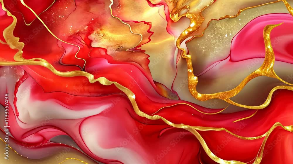 Poster vibrant abstract art with flowing reds and golden accents created in a dreamy artistic setting. gene