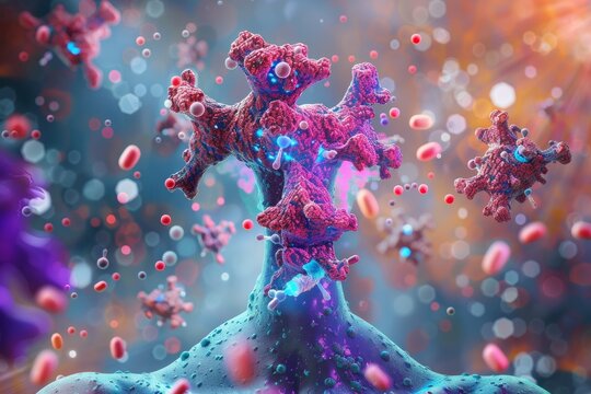 Microscopic Viral Infection: A Detailed 3D Render of a Virus Attacking a Cell