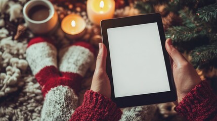 Cozy Christmas scene hands holding blank tablet screen.