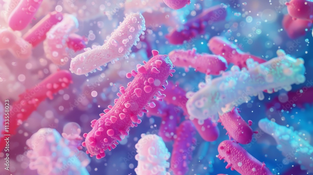 Poster microscopic world exploration colorful bacteria and microbes vivid 3d render of a microbial ecosyste