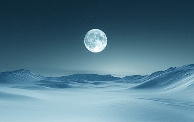 Snowy hills under a bright full moon, with a clear sky for copy space. Ideal for serene winter themes and peaceful seasonal designs.

