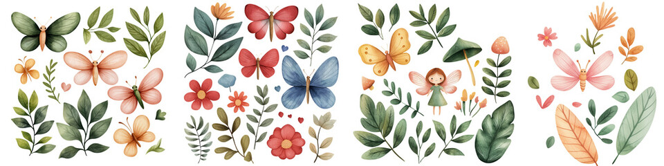 Colorful butterflies and flowers with whimsical fairy elements create magical scene, isolated on transparent background.