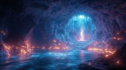 Fototapeta premium Magical cave, glowing water, fiery rocks.