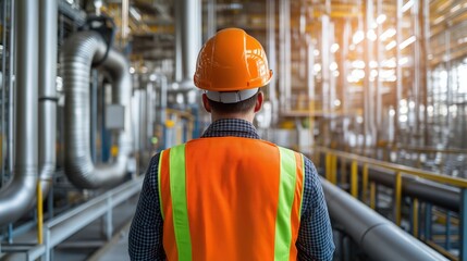 Pro worker inspects refinery pipes. Safety gear, hardhat worn. Industrial setting with metal pipes. Operational efficiency, safety priorities. Worker focused on task. High-tech environment. Modern