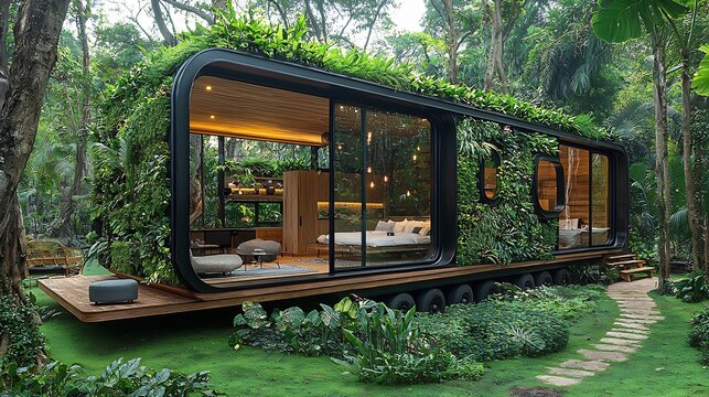 Ecofriendly tiny house with vertical gardens on the exterior walls surrounded by lush greenery showing off its compact sustainable design