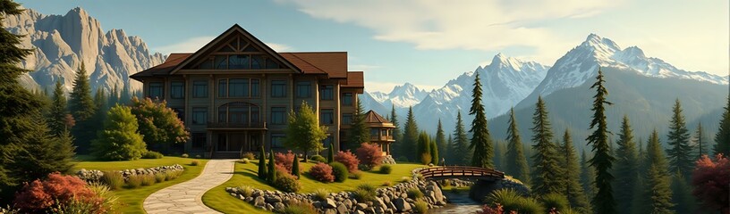 Naklejka premium Majestic Mountain Lodge with Red Leaves and Blue Sky