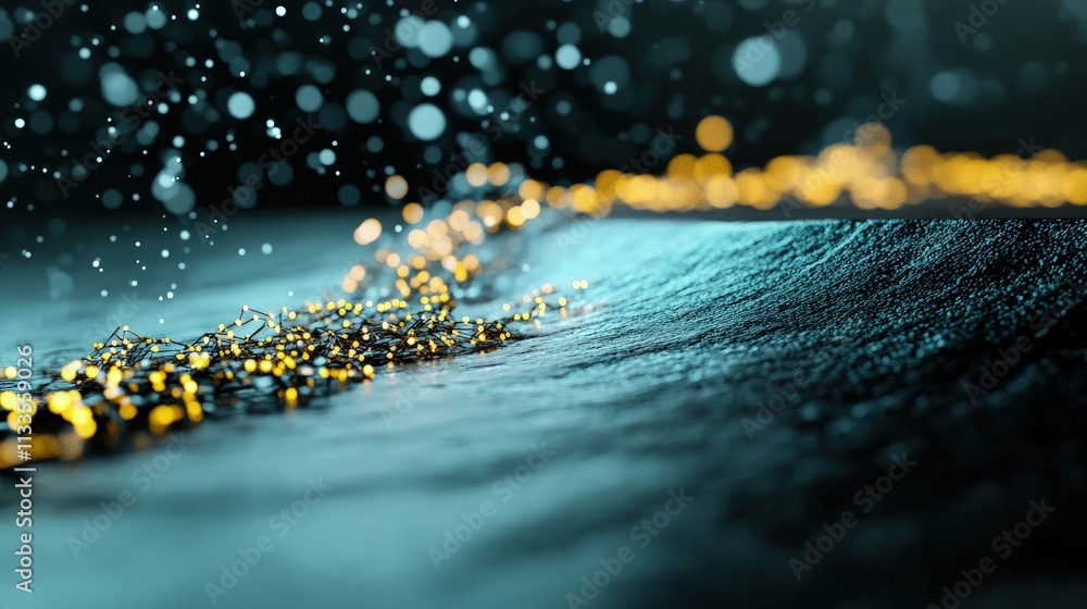 Aufkleber abstract teal and gold particles flowing on dark surface with bokeh.