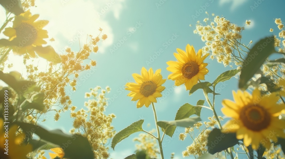 Aufkleber bright yellow sunflowers and fluffy hemp branches bask in warm sunlight, creating a lively atmospher