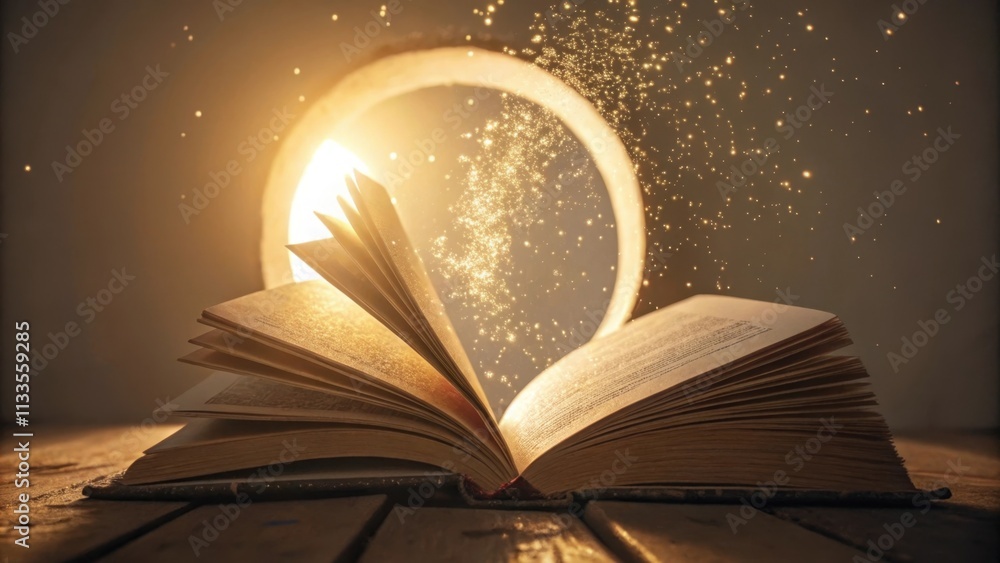 Poster open book on a wooden table is spreading magic with golden particles and bright light coming out of 