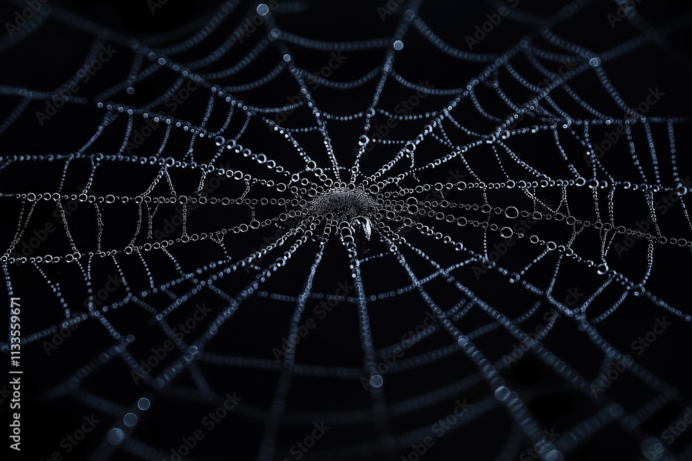 Aufkleber delicate spiderweb with water droplets on dark background. close up view shows intricate web structu